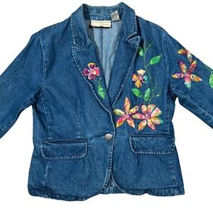 Carrie Allen Women Floral Embroidery Denim Blazer Jacket Blue Cottagecore Medium
